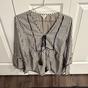 Crown & Ivy Black and White Striped Blouse with Tassels